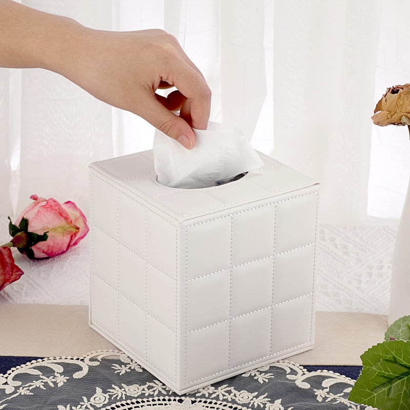Sumnacon Square Leather Tissue Box Cover - Stylish Cube Tissue Box Holder with Magnetic Bottom, Decorative PU Tissue Box for Vanity Dresser Night Stand Table Countertop Home Office Car, Grid White - Image 2